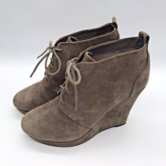 Jessica Simpson Catcher Taupe Suede Leather Wedge Booties Women 10M Lace Up Shoe - Picture 1 of 9